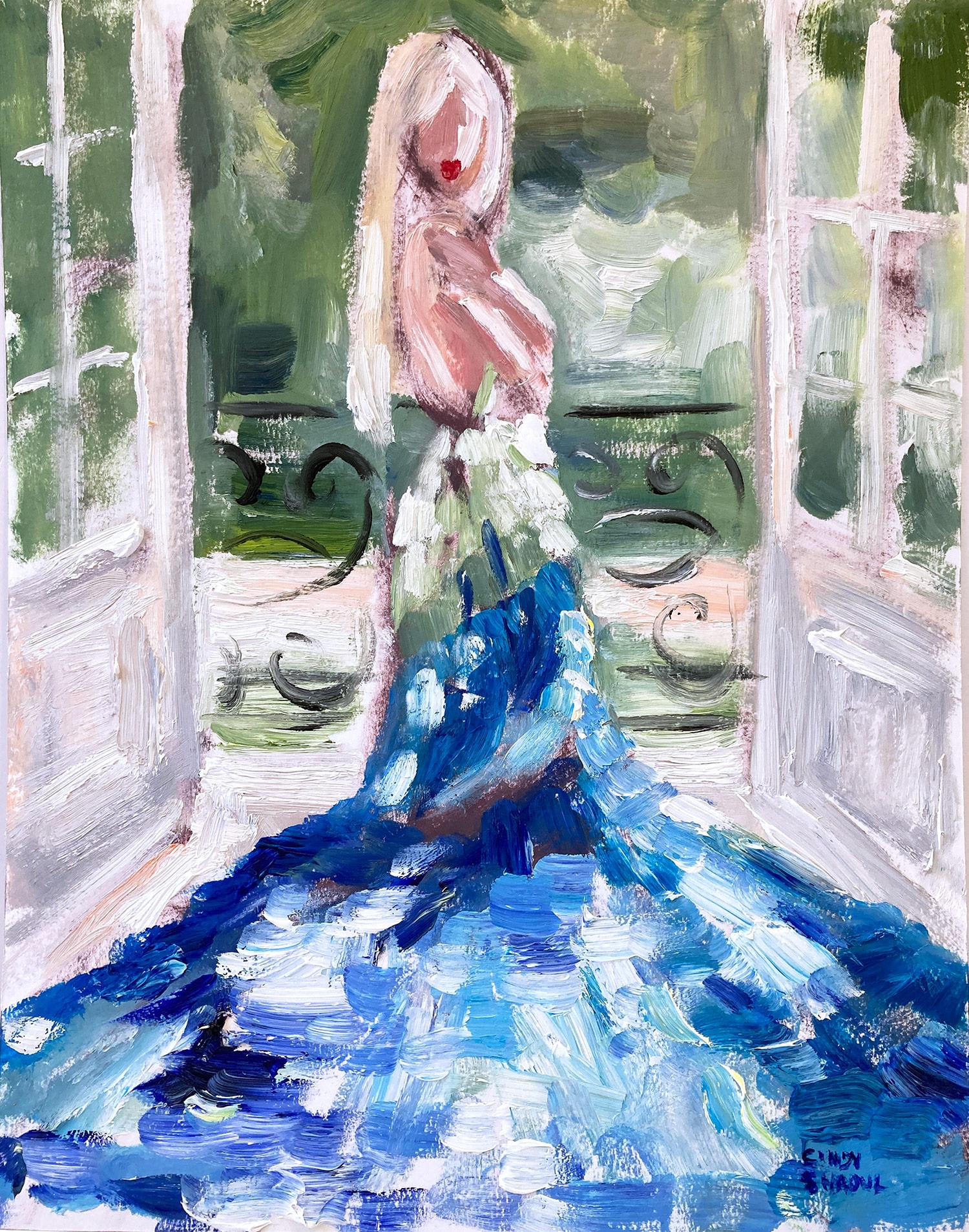 Cindy Shaoul Abstract Painting - "Anya Tayler Joy in Paris " Figure wearing Chanel Oil Painting on Paper