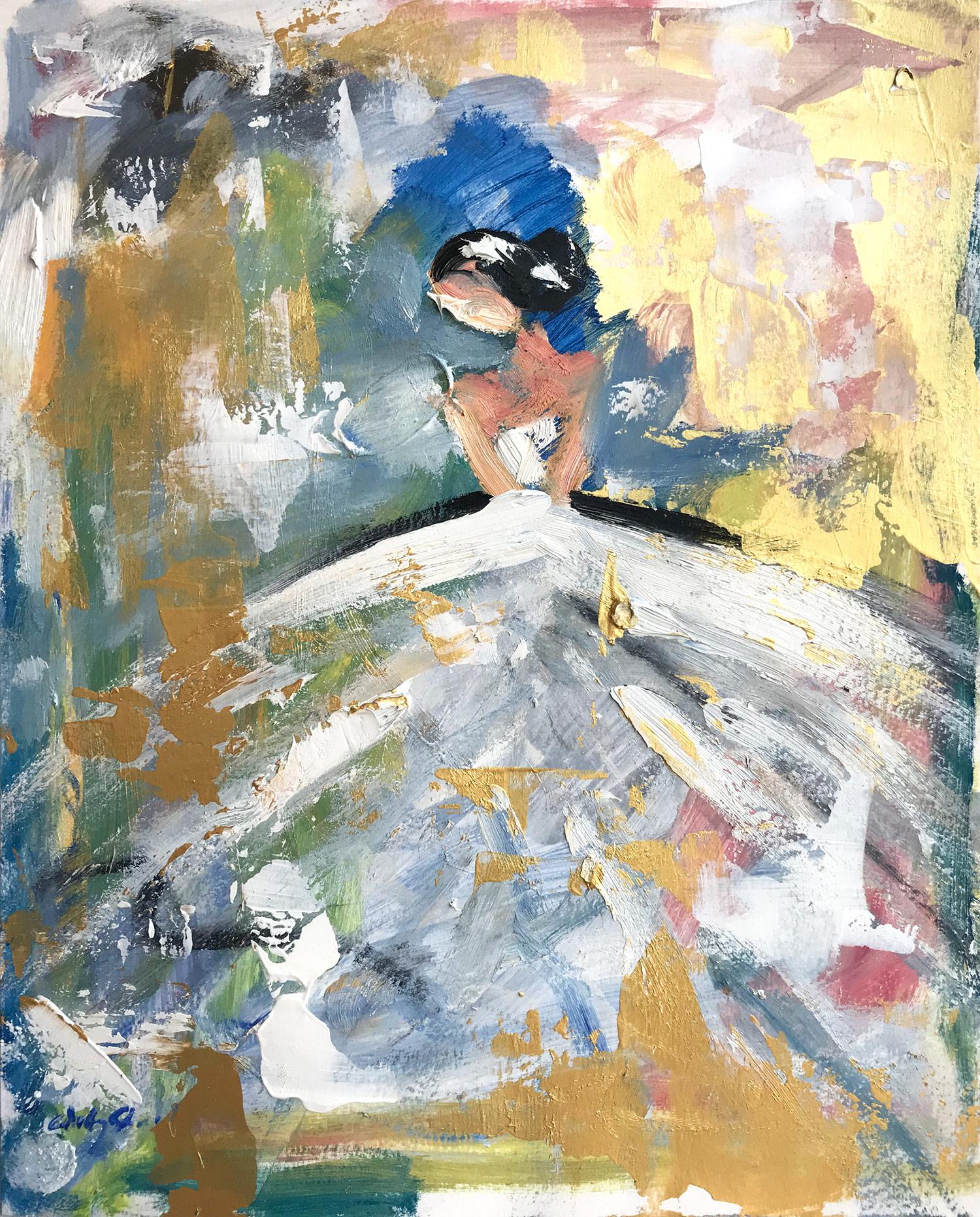 Cindy Shaoul Figurative Painting - "Paris in Spring" Figure in Chanel French Haute Couture Oil Painting on Paper