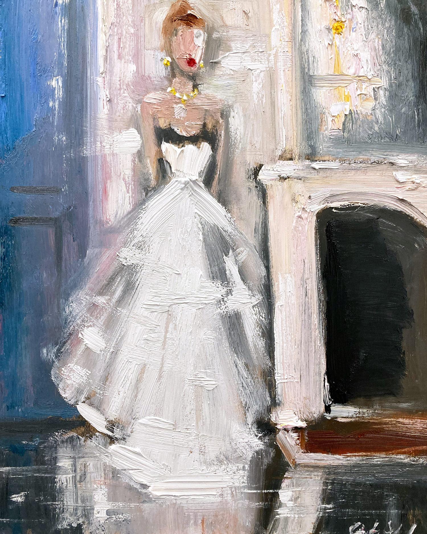 A very whimsical depiction of a woman stepping out in a Parisian Chateau. This piece captures the essence of fashion and Haute Couture effortlessly. Done in a very modern and impressionistic style, the colors are bright yet subtle. This painting is
