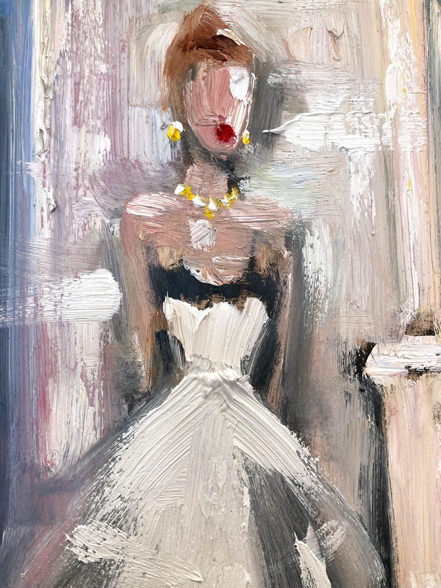« As She Glimmers » - Peinture à l'huile impressionniste d'intérieur haute couture de Chanel - Impressionnisme américain Painting par Cindy Shaoul
