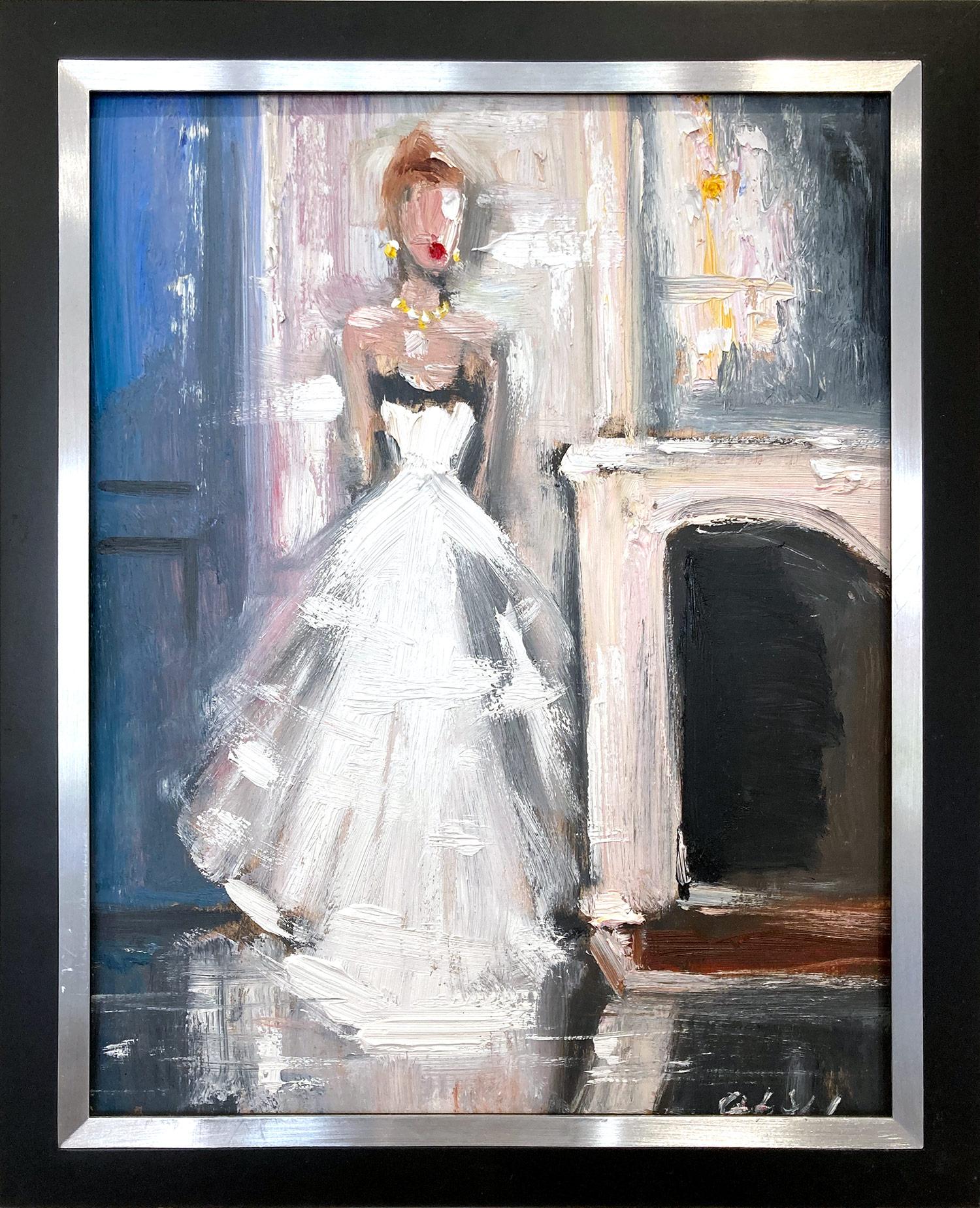 Cindy Shaoul Figurative Painting – „As She Glimmers“ Interieur Haute Couture in Chanel Impressionistisches Ölgemälde