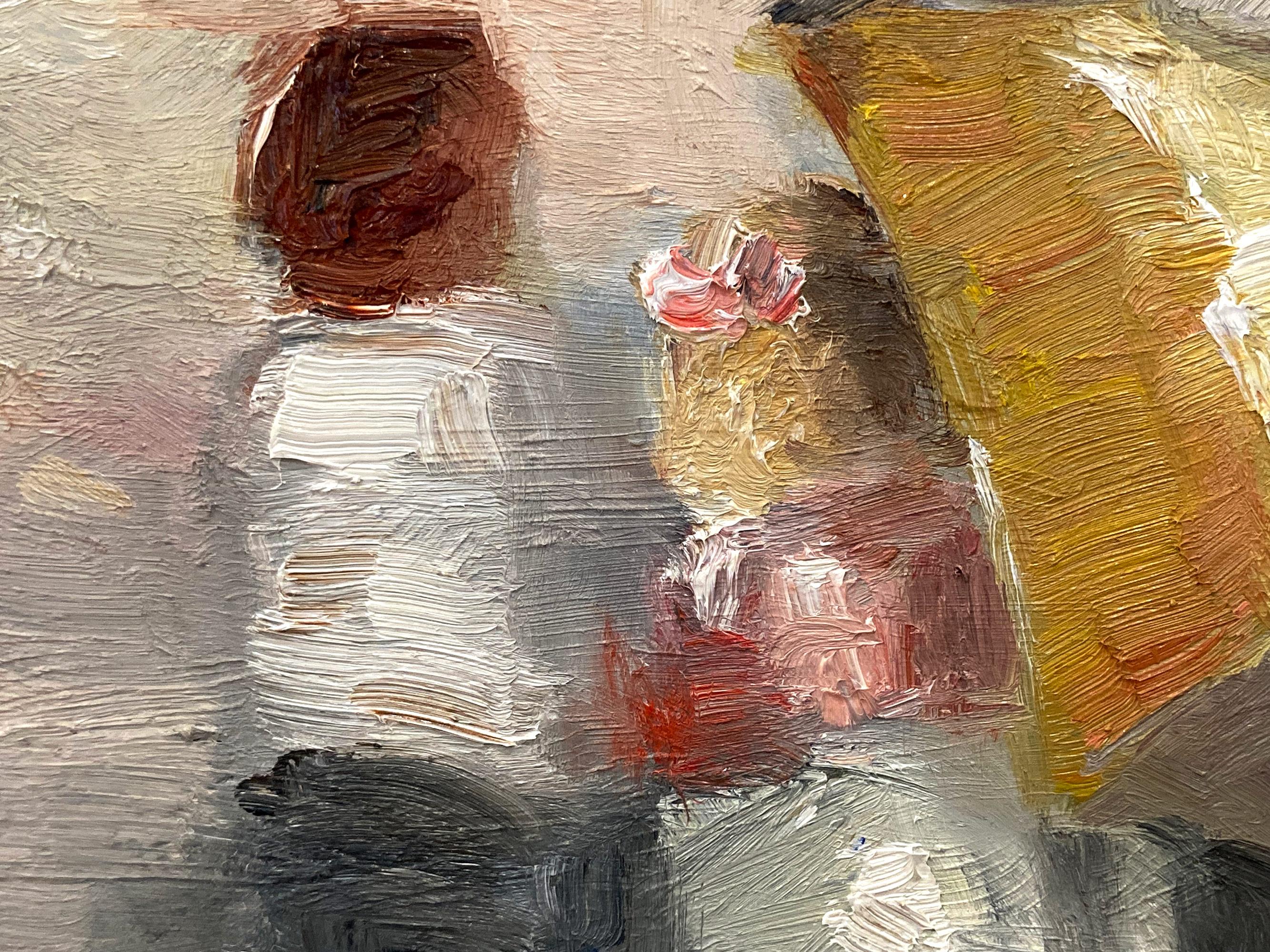 This painting captures an impressionistic scene at the beach with beautiful brushwork and whimsical colors. The work is a following of Edward Potthast, capturing the beach and times of the early 20th Century similarly to his work, depicting a sunny