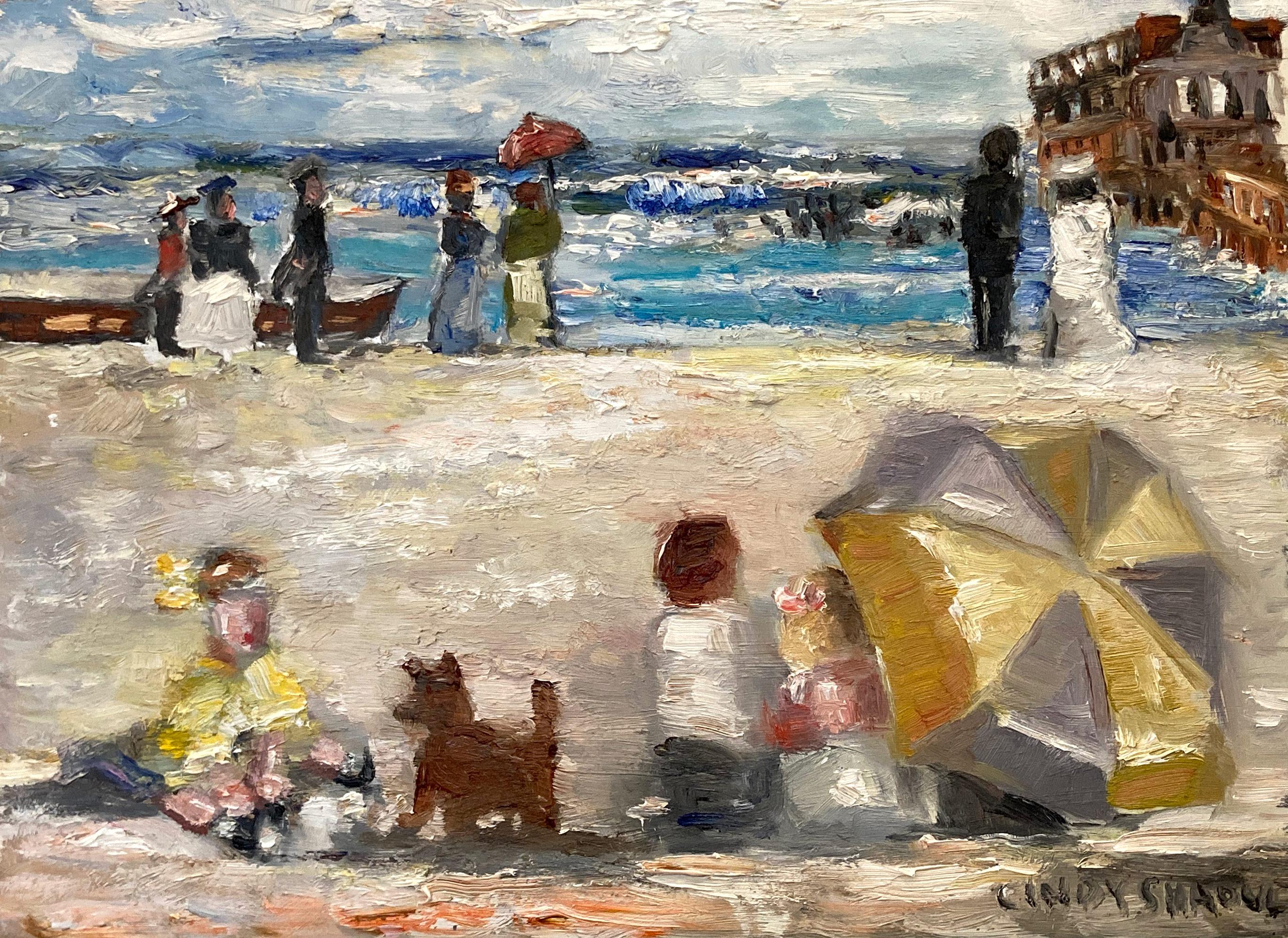 Cindy Shaoul Figurative Painting - "At the Beach" Impressionistic Beach Scene in Style of Edward Potthast Painting