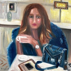 "At the Cafe Paris" Impressionistic Oil Painting Woman in Cafe wearing Chanel