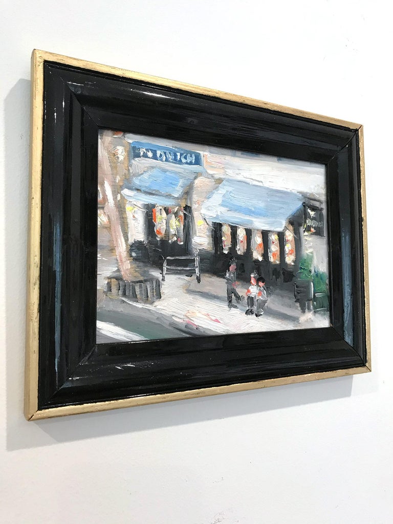 This painting depicts an impressionistic Plein Air scene of the The Dutch in Soho Manhattan. The thick brush strokes and fun marks creates an atmosphere reminiscent of city life. There are figures situated in front with lights flickering inside the
