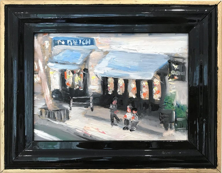 Cindy Shaoul Landscape Painting - "At The Dutch" Impressionistic Plein Air Oil Painting of Figures in Soho NYC