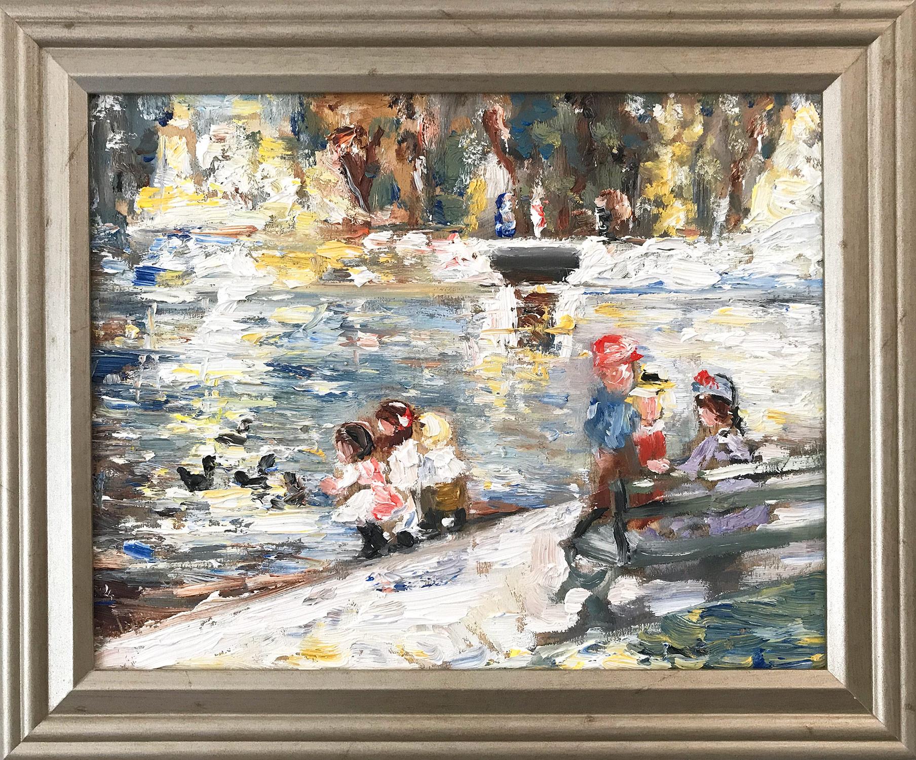 Cindy Shaoul Landscape Painting - "At the Park" Impressionistic Oil Painting of Kids Feeding Ducks After Potthast