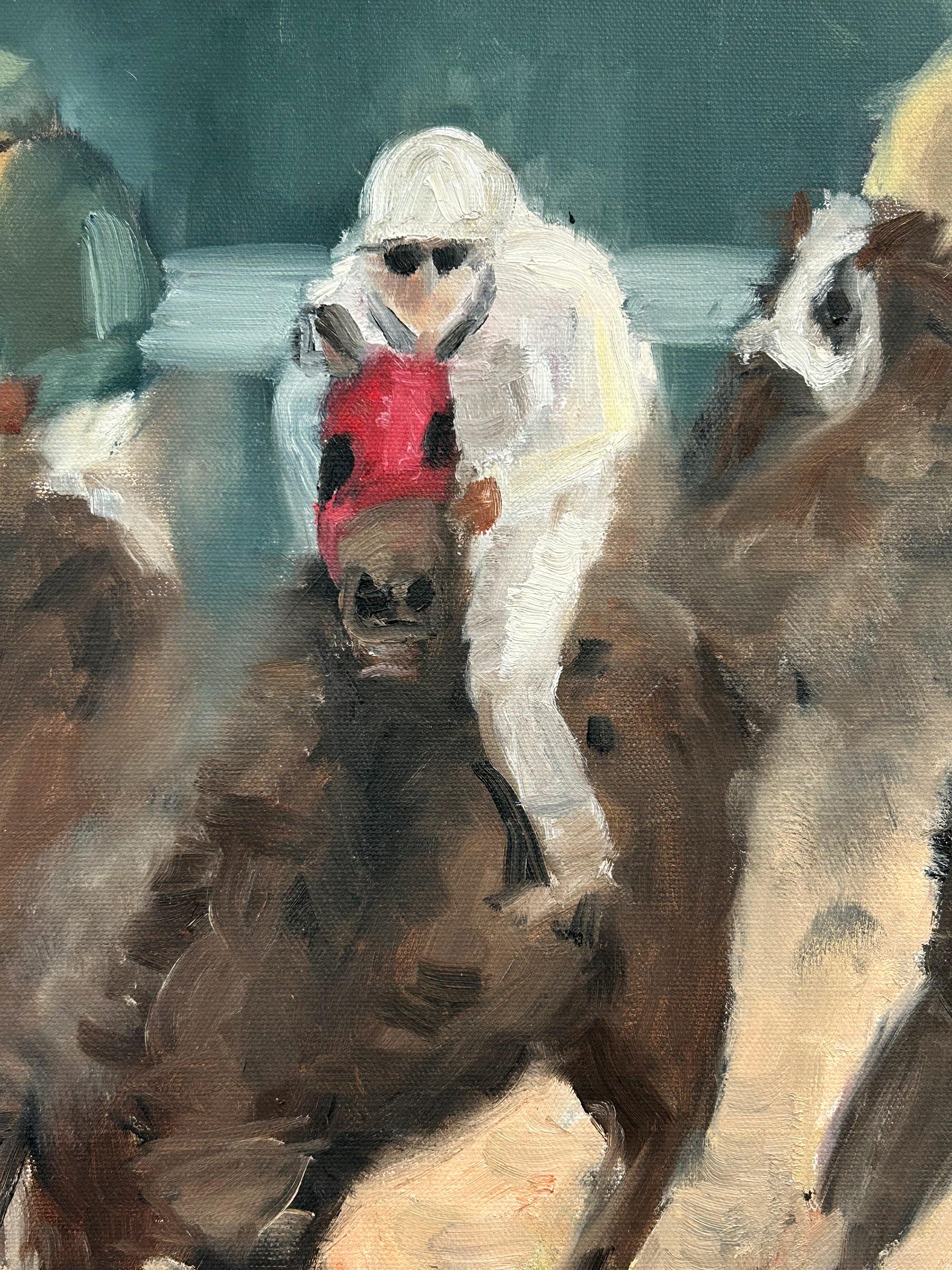 A dynamic oil painting depicting a high energy horse race with abstract details and bursts of energy showcased with use of fast brush work and thick impasto oil paint. Jockeys, wearing colorful helmets and riding horses, are captured mid-gallop,