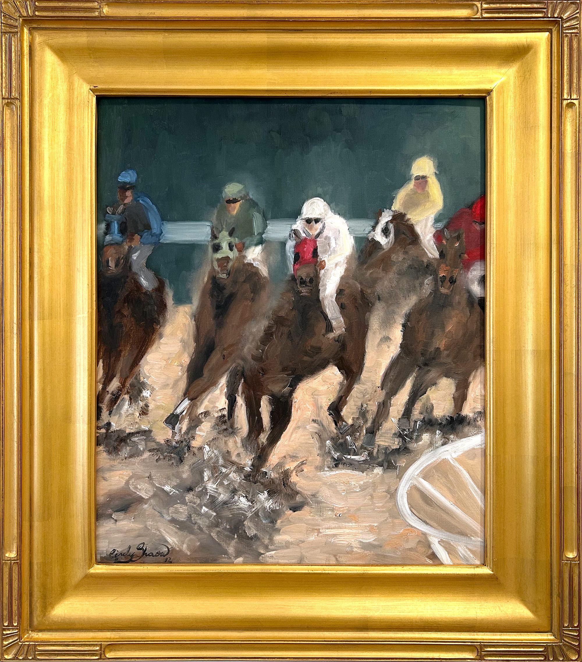 Cindy Shaoul Landscape Painting - "At the Race" Impressionist Equestrian Horse Race Scene Oil Painting on Canvas