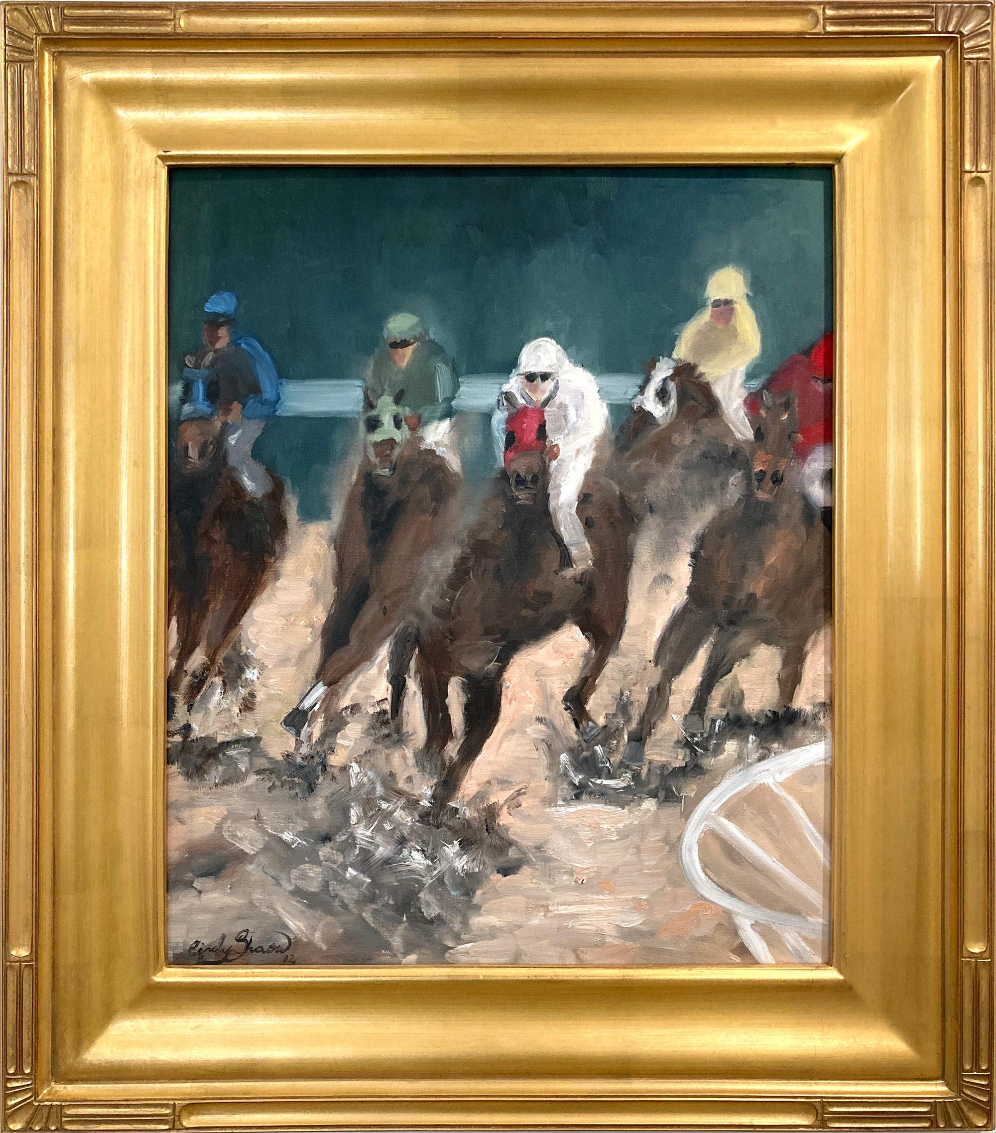 Peinture impressionniste à l
huile sur toile "A la course" scène de course de chevaux équestres