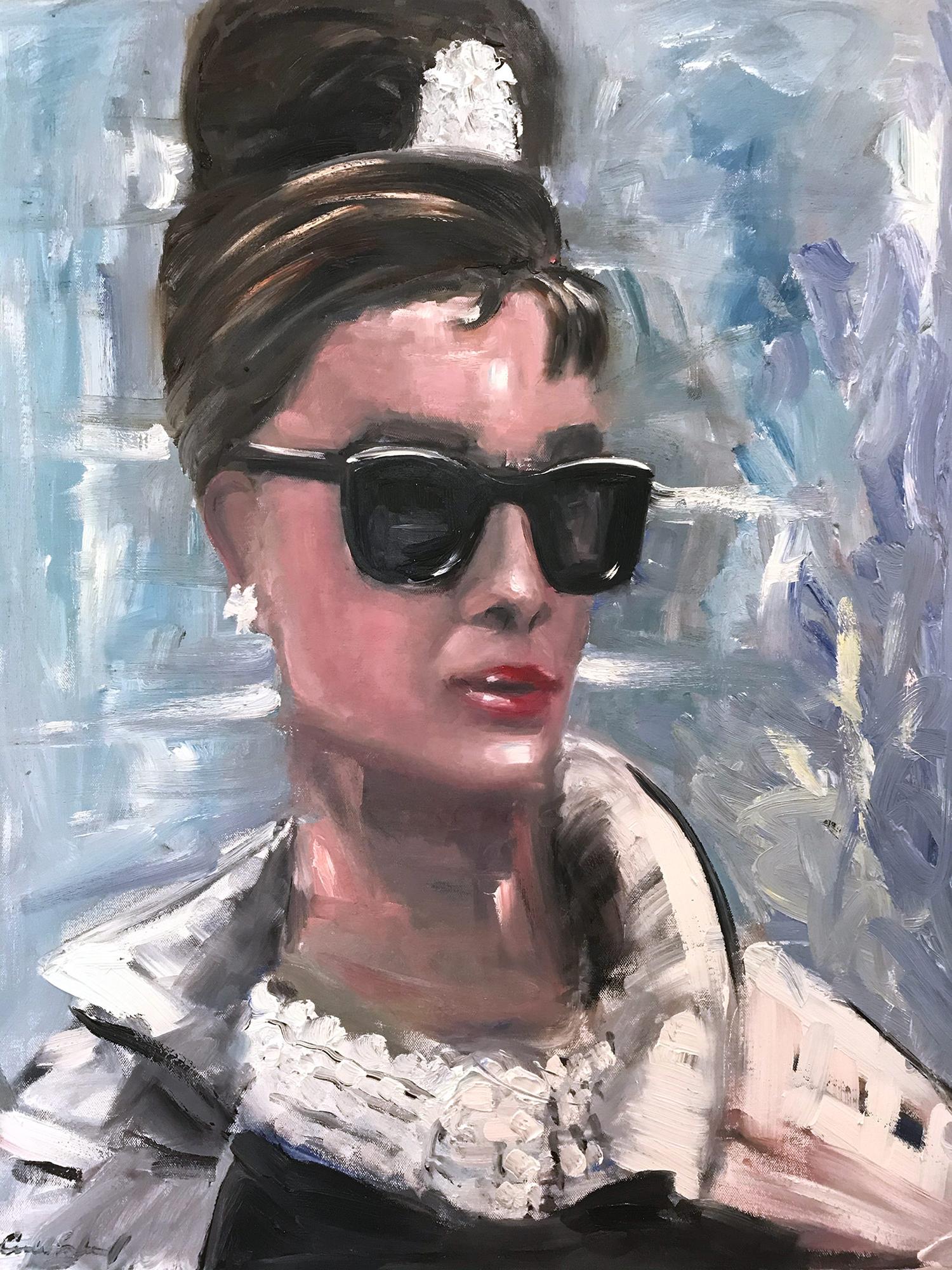 Cindy Shaoul Figurative Painting - "Audrey Hepburn" Breakfast at Tiffanys Haute Couture Oil Painting on Canvas