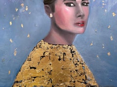 "Audrey in Gold" Audrey Hepburn Gold Leaf Haute Couture Pittura a olio su tela