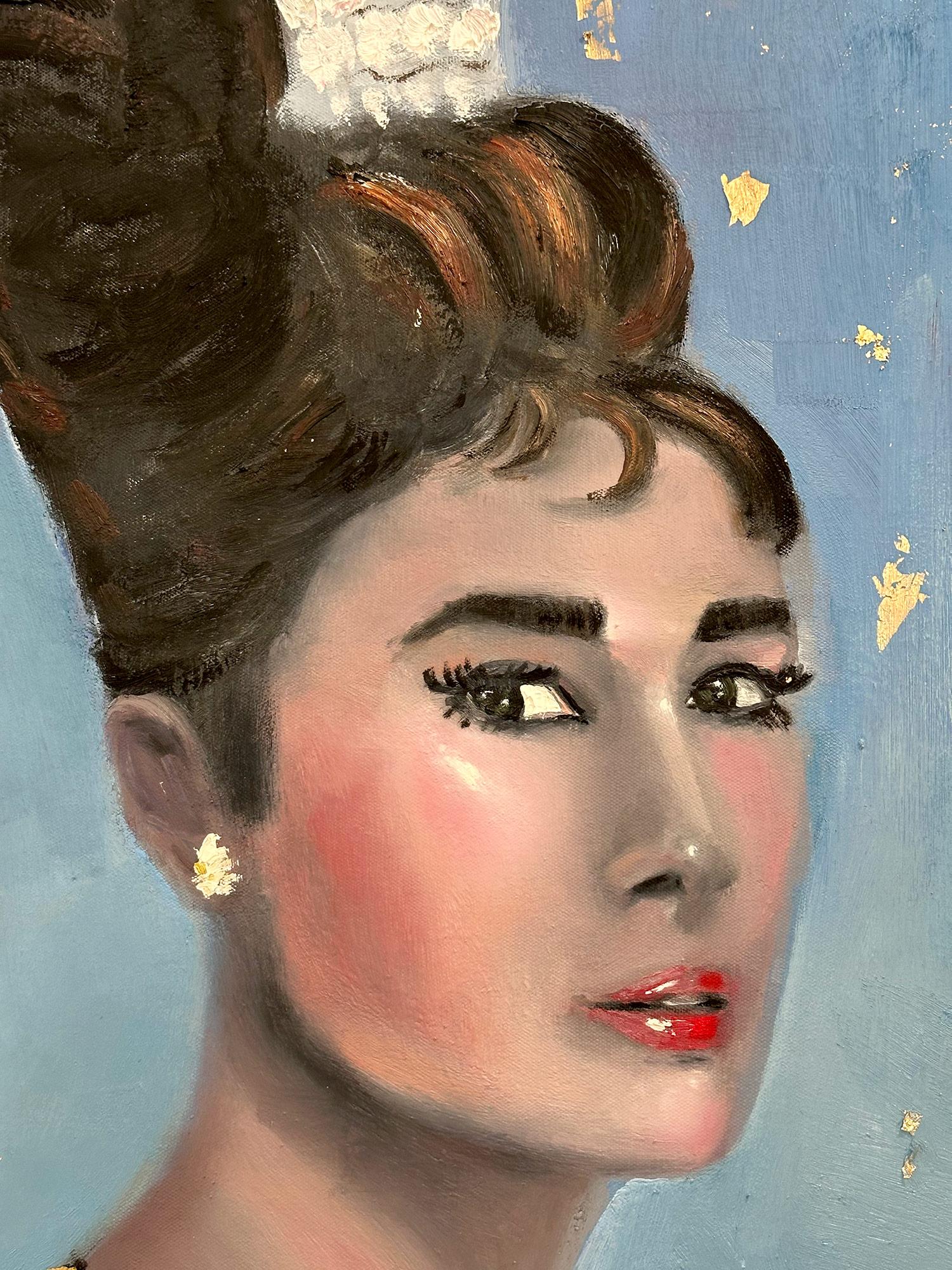 „Audrey in Gold“ Audrey Hepburn, Haute Couture, Ölgemälde auf Leinwand, Blattgold, Haute Couture (Abstrakt), Painting, von Cindy Shaoul