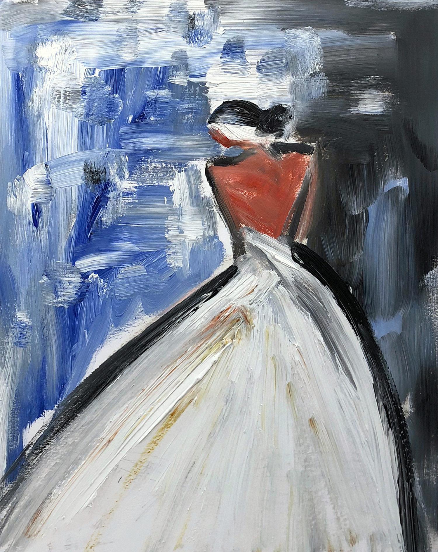 Cindy Shaoul Abstract Painting - "Rainy Day in Paris" Abstract Haute Couture Figure on Paper Wearing Chanel Gown