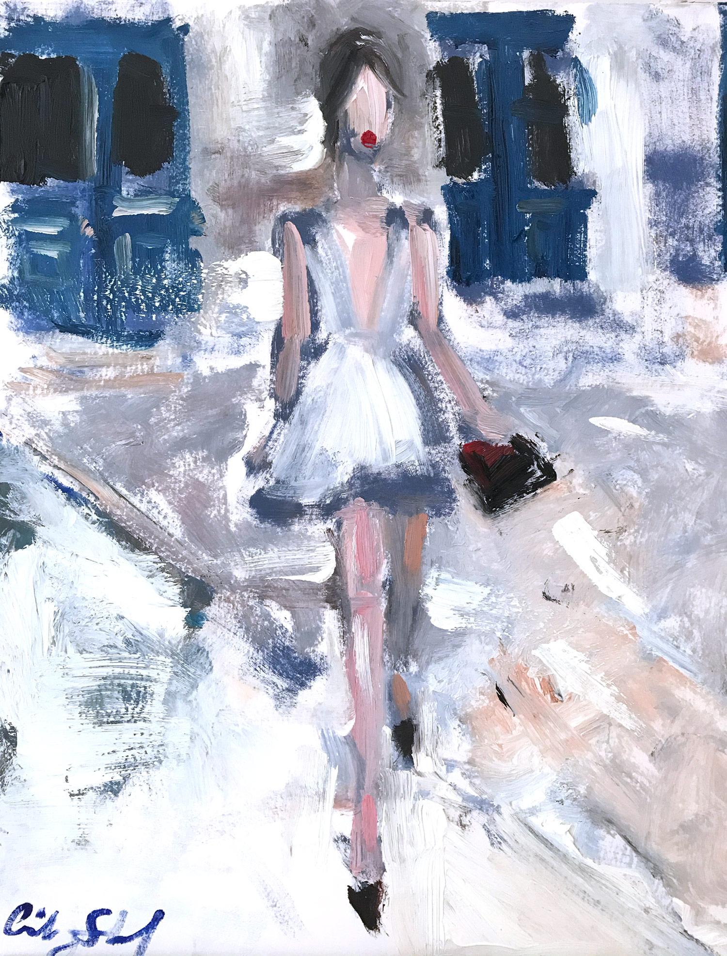 Cindy Shaoul Figurative Painting - "Barcelona Nights" Exterior Scene of Figure wearing Chanel Oil Painting on Paper