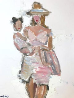 "Beach Day" Mère et fille Figures impressionnistes Peinture à l'huile sur papier