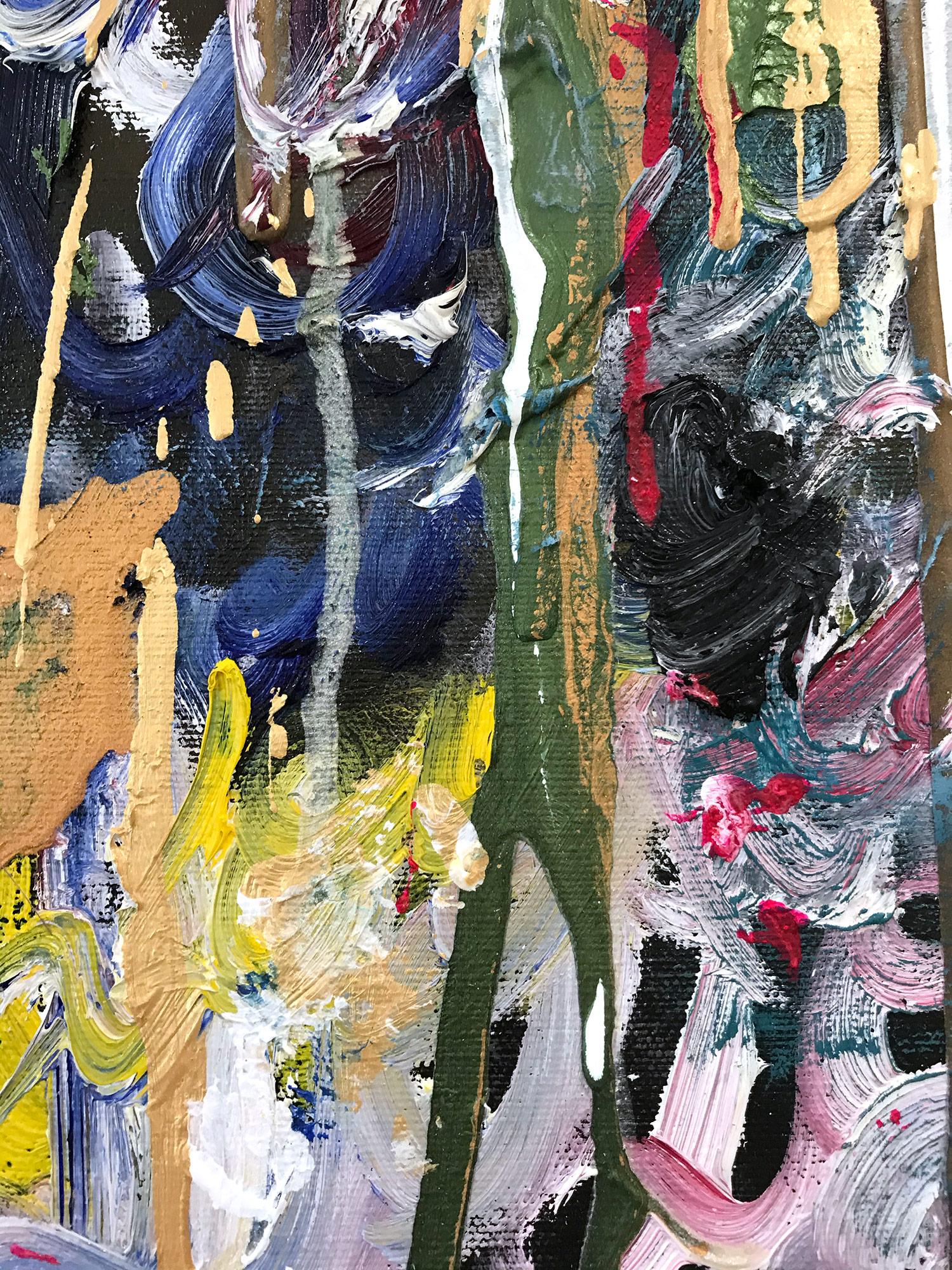 Grazie agli strati di olii brillanti e alle pennellate di pennello, la pittura è in grado di brillare e scintillare in un disegno davvero unico. L'artista utilizza gocce d'oro, tecniche miste e pezzi di vetro per aggiungere un'atmosfera urbana e