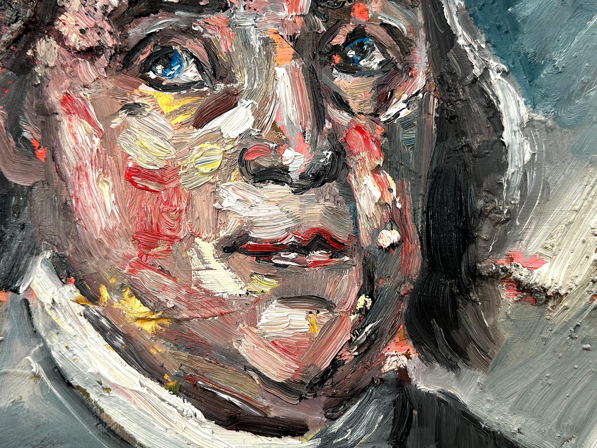 This painting depicts an impressionistic and abstract portrait of Benjamin Franklin. The thick brush strokes and fun marks creates an atmosphere reminiscent of the impressionists from the 20th Century. We can feel the moment in time effortlessly.