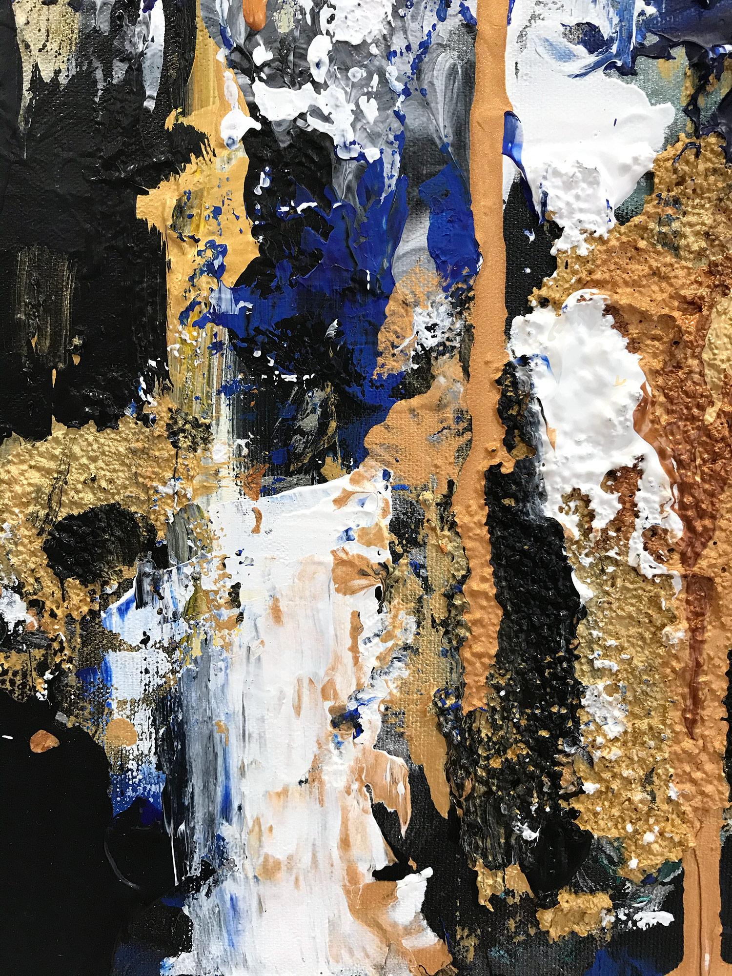 With layers of bright oils and whisking brush strokes, the paint is able to shine and shimmer in a very unique pattern. The artist uses gold drips, mixed media and acrylics to add a very contemporary, Urban feel. The way the paint blends and washes
