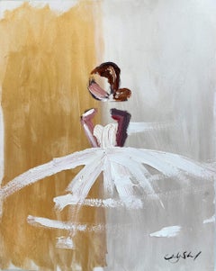 Peinture à l'huile sur papier "Bisou Paris" Figure en robe Haute Couture or et argent