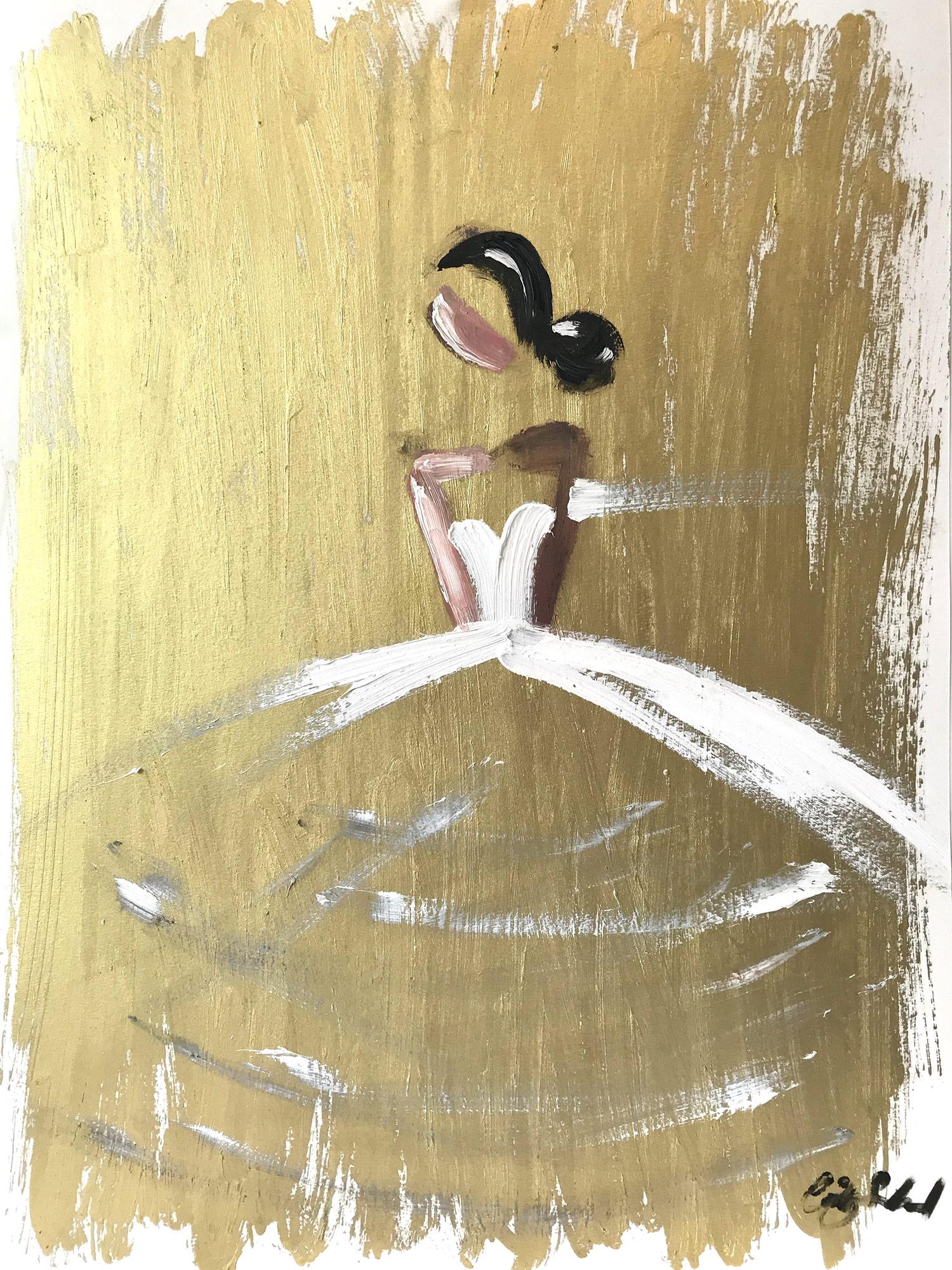 Figurative Painting Cindy Shaoul - « Paris Nights » - Figure à l'huile de haute couture française avec une robe blanche, peinture sur papier