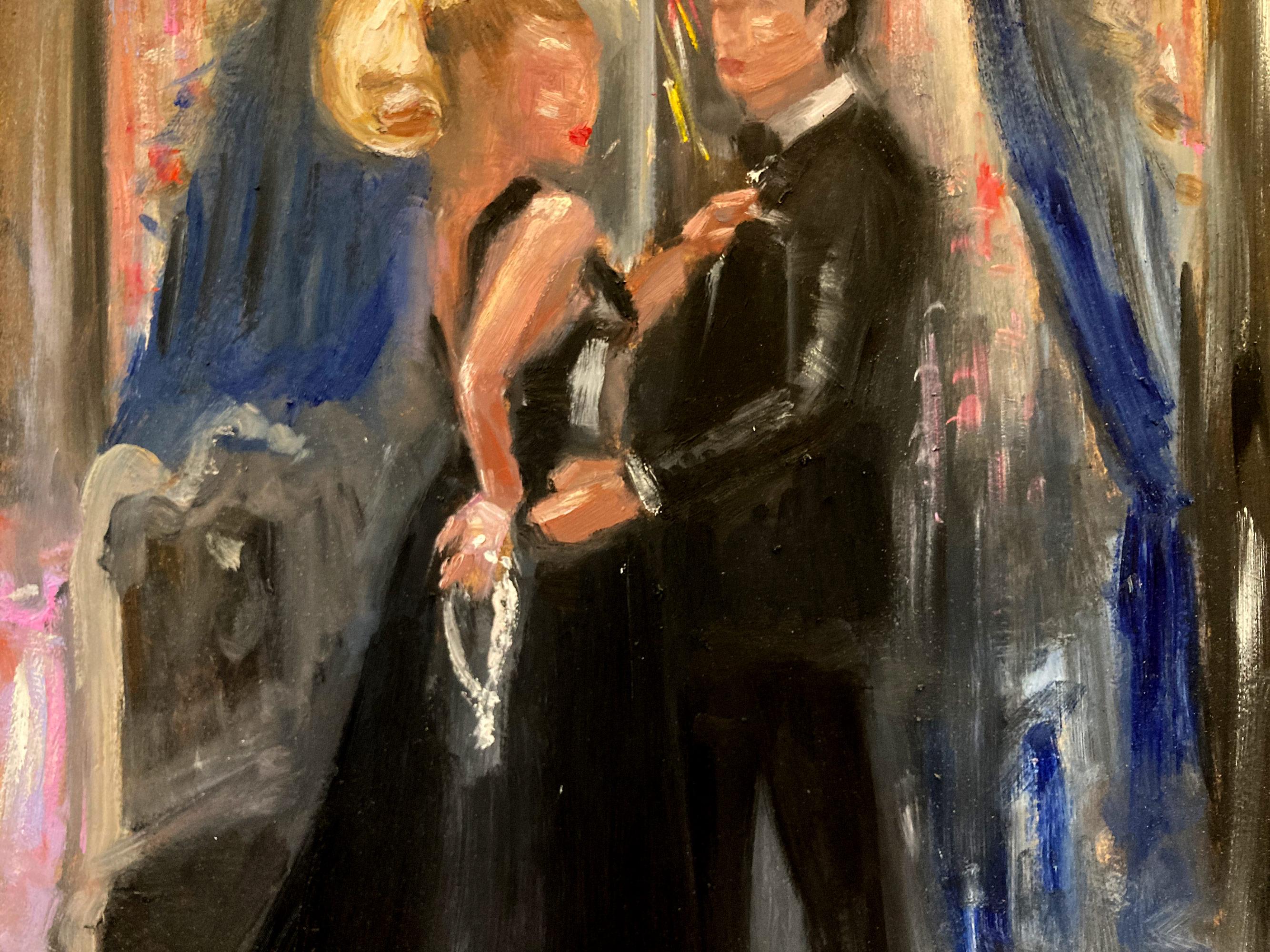 A stunning depiction of Blake Lively starring as a Couture-Clad Cat Burglar Alongside Hugh Jackman in Striking Vogue Shoot depicted in oil paint. This piece captures the  cover of Vogue's September 2024 issue. Done in an impressionistic style, the