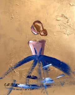 "Bleu et or à Chanel" Figure en robe Haute Couture Peinture à l'huile sur papier