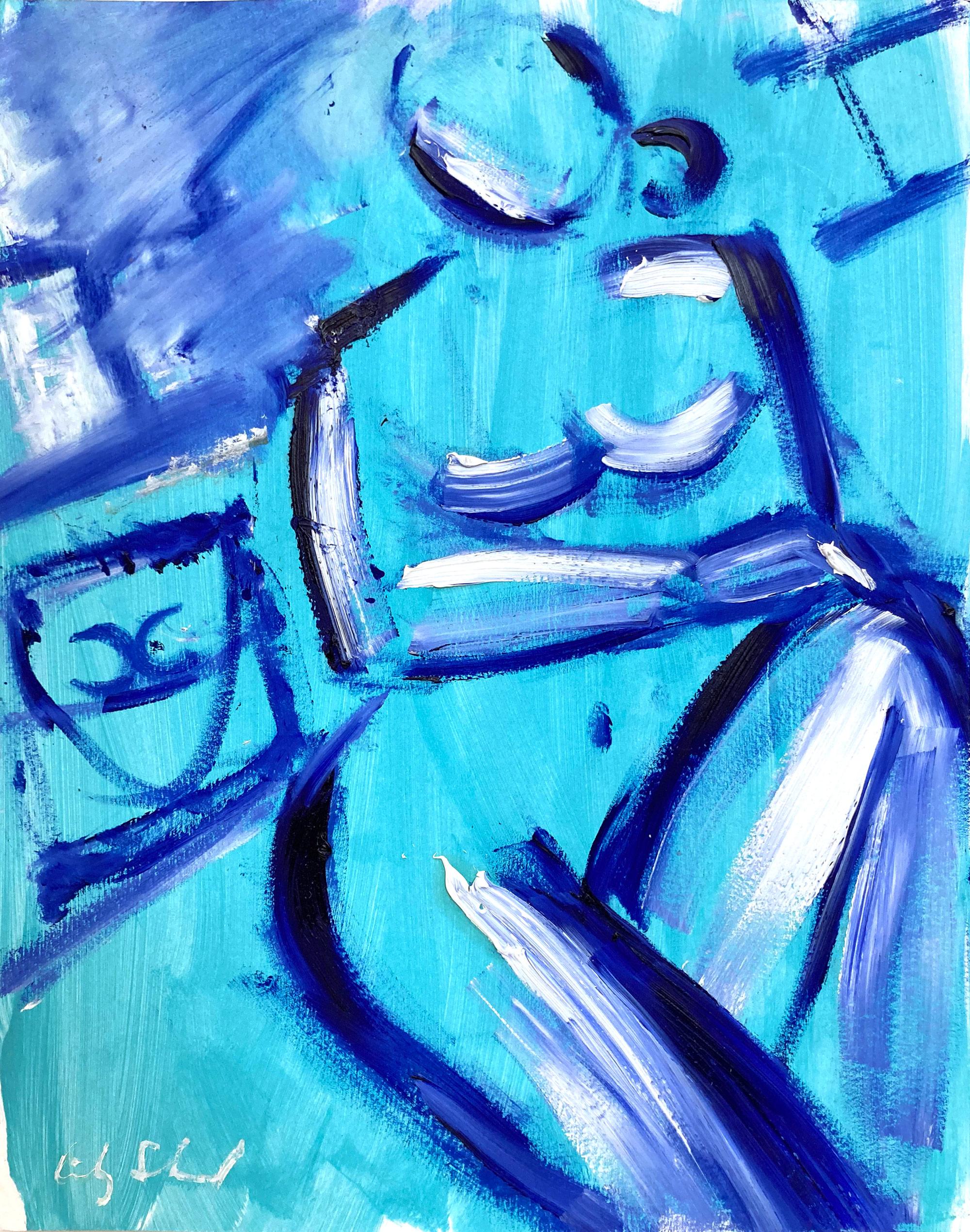"Blue & Chanel" Modern Abstract Nude in Style Modigliani Oil Painting on Paper