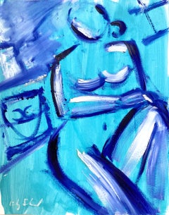 Peinture à l'huile sur papier moderne d'un nu abstrait de style Modigliani, bleu et Chanel