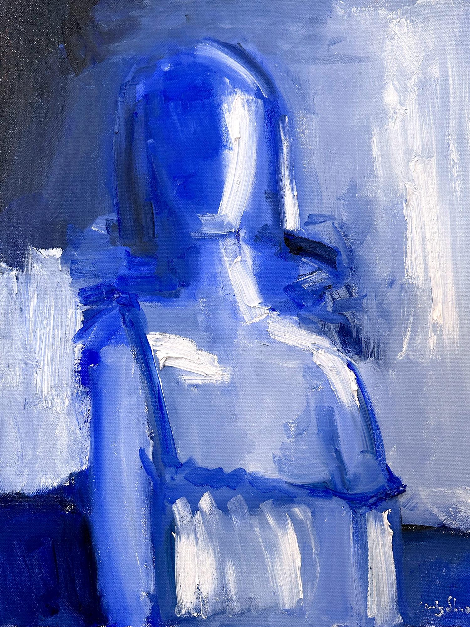 Figurative Painting di Cindy Shaoul - "Ragazza blu" Pittura a olio su tela in stile astratto moderno con figura di Modigliani