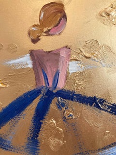 "Blue in Paris" Figure in Blue Gown Haute Couture & Gold Oil Painting on Paper