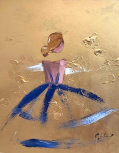 "Blue in Paris" Figure en robe bleue Haute Couture et or Peinture à l'huile sur papier