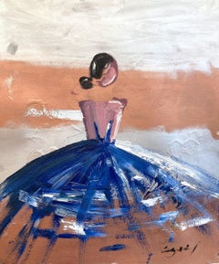 "Blue in Silver and Bronze" Figure in Gown Haute Couture Oil Painting on Paper