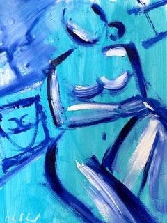 Peinture à l'huile sur papier moderne d'un nu abstrait de style Modigliani, bleu et Chanel