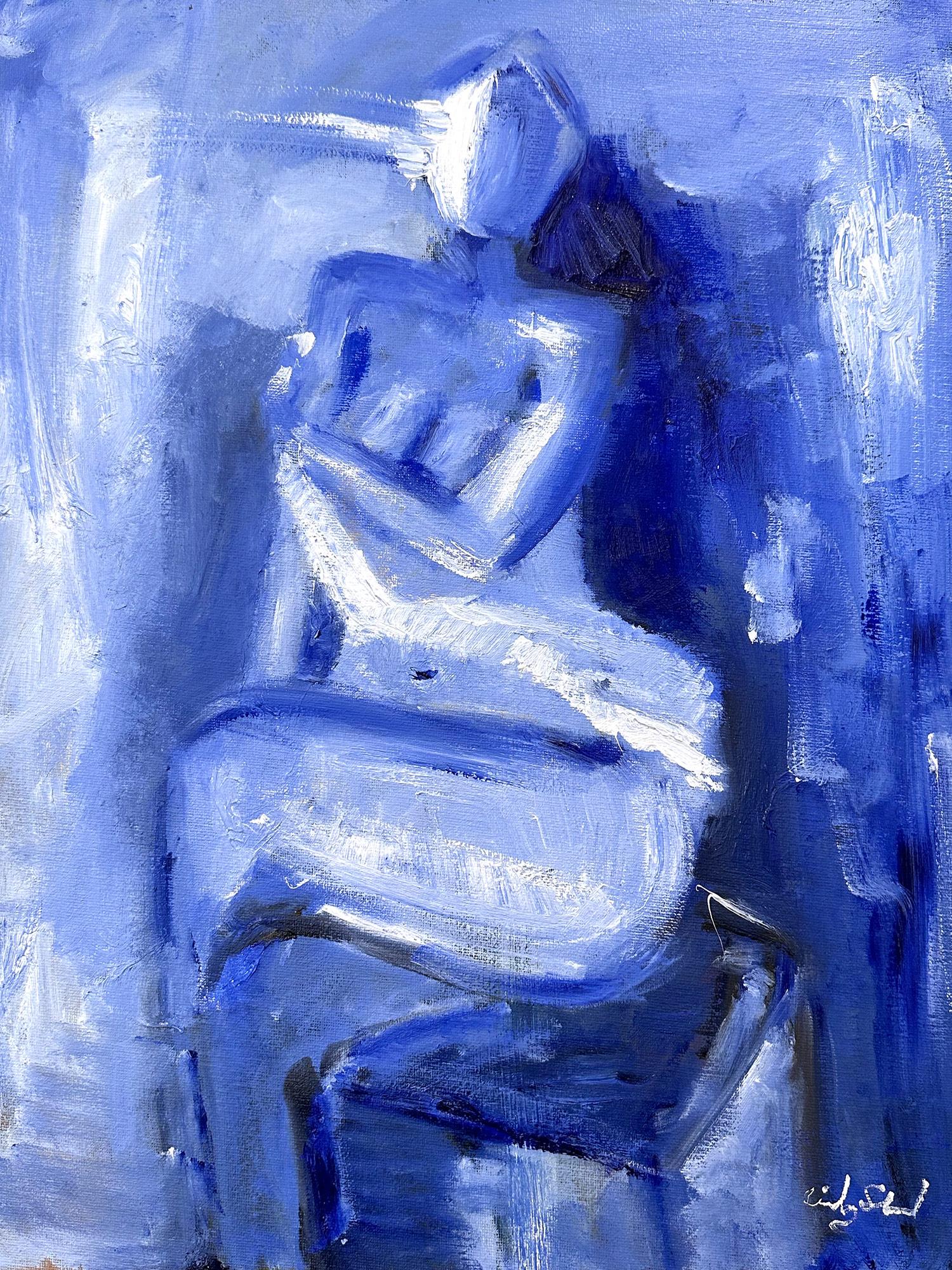 Figurative Painting Cindy Shaoul - Peinture à l'huile sur toile « Blue Nude », style abstrait moderne et abstrait de Modigliani