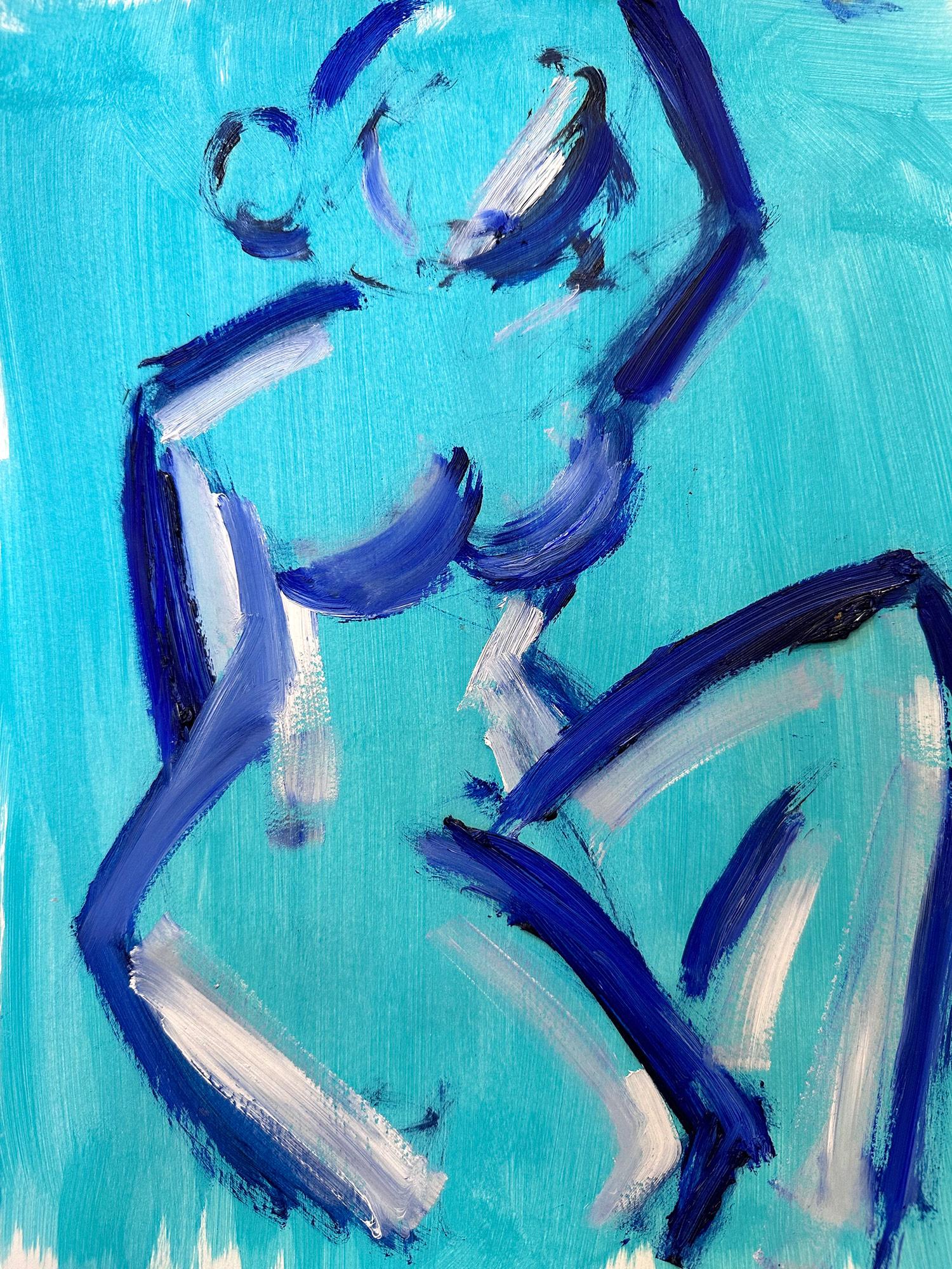 Cindy Shaoul Figurative Painting - "Blue Nude" Modern Abstract Woman in Style of Modigliani Oil Painting on Paper 