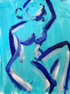 „Blue Nude“ Moderne abstrakte Frau im Stil von Modigliani, Ölgemälde auf Papier 