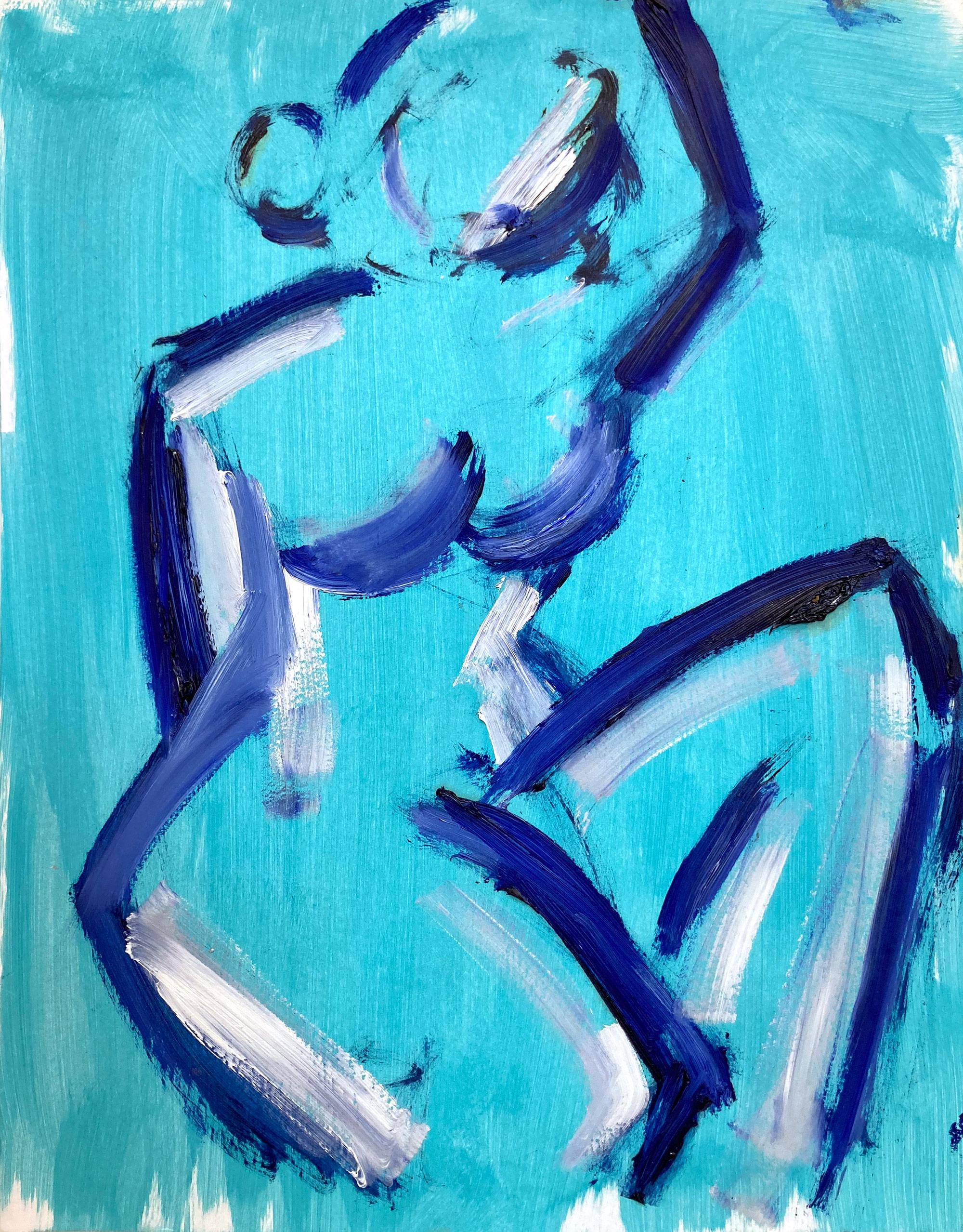 "Blue Nude" Modern Abstract Woman in Style of Modigliani Oil Painting on Paper