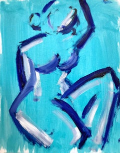 « Blue Nude », femme abstraite moderne dans le style de Modigliani, peinture à l'huile sur papier