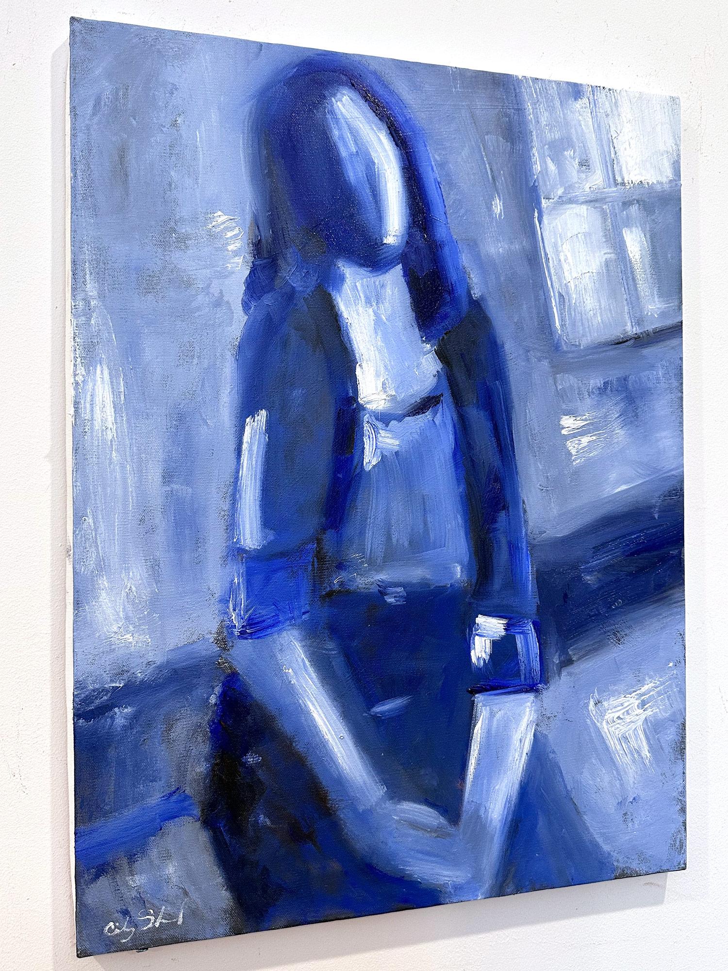„Blaue Frau am Fenster“ Stil der Modigliani-Figur, Ölgemälde auf Leinwand im Angebot 3
