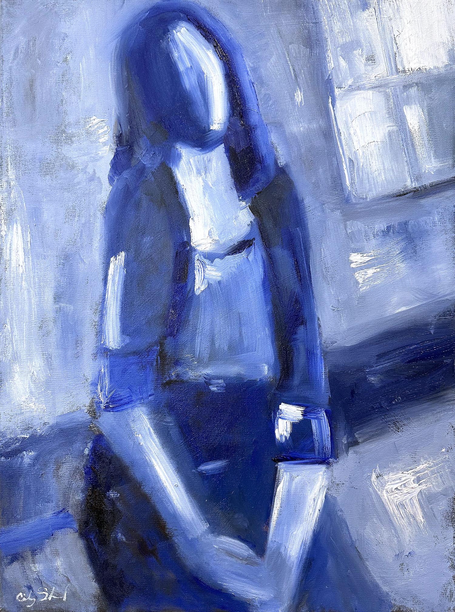 "Blue Woman by the Window" Style of Modigliani Figure Oil Painting on Canvas