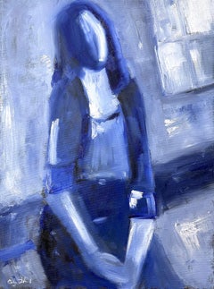„Blaue Frau am Fenster“ Stil der Modigliani-Figur, Ölgemälde auf Leinwand