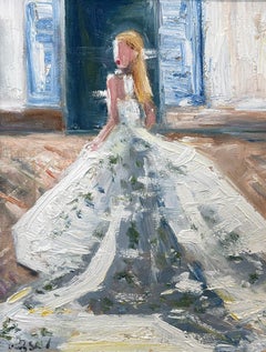 "Blushing in Monique Lhuillier" Figure in Large Gown Oil Painting on Board