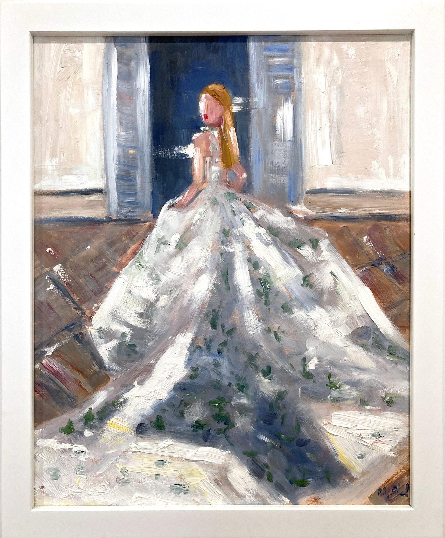 Cindy Shaoul Abstract Painting - "Blushing in Monique Lhuillier" Figure in Large Gown Oil Painting on Board