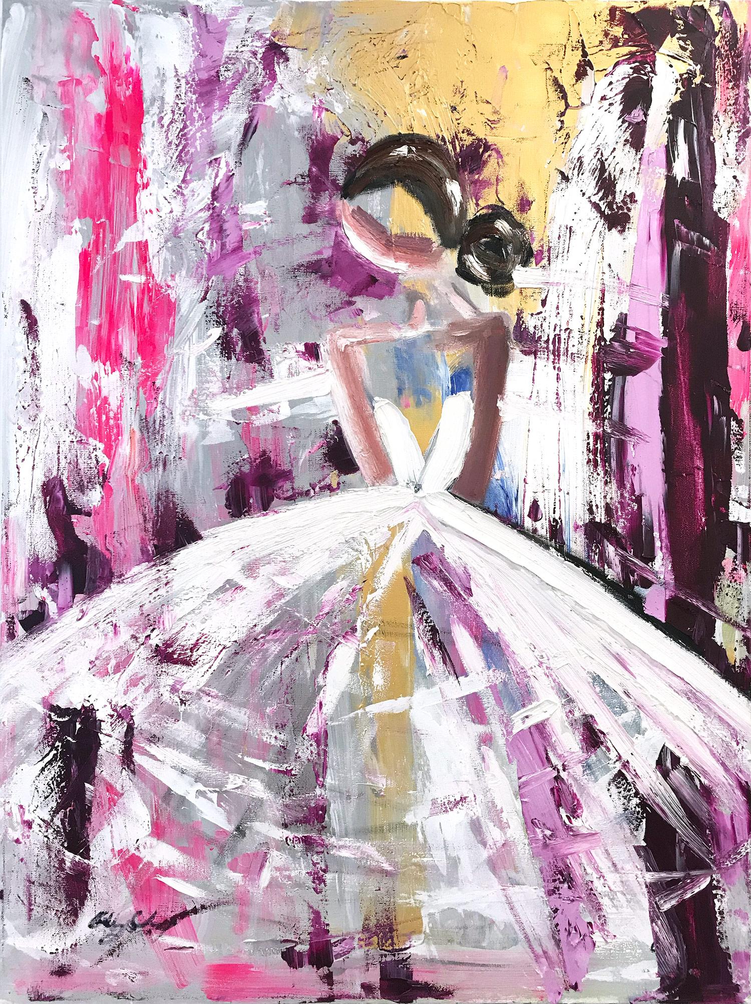 Cindy Shaoul Abstract Painting - "Brigitte" Figure in Chanel Gown French Haute Couture Oil Painting on Canvas