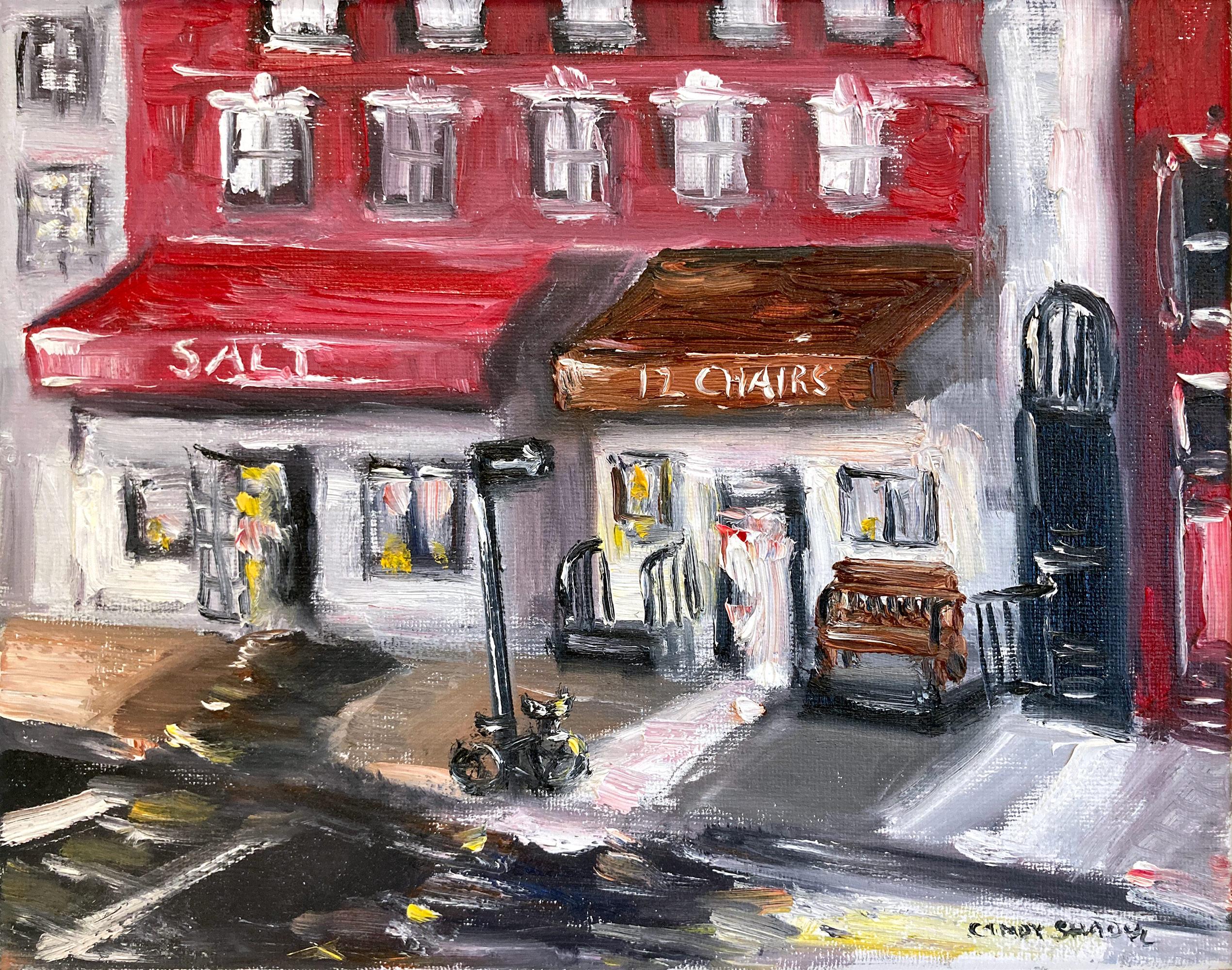 „Brunch at 12 Chairs“, Plein Air Restaurant, Ölgemälde in Soho, New York City – Painting von Cindy Shaoul