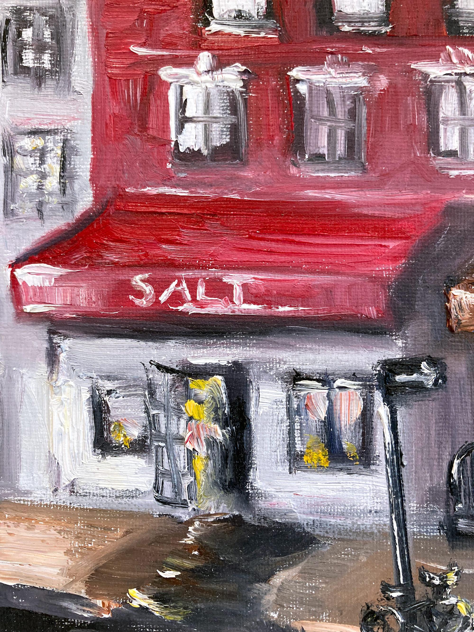 „Brunch at 12 Chairs“, Plein Air Restaurant, Ölgemälde in Soho, New York City (Braun), Figurative Painting, von Cindy Shaoul