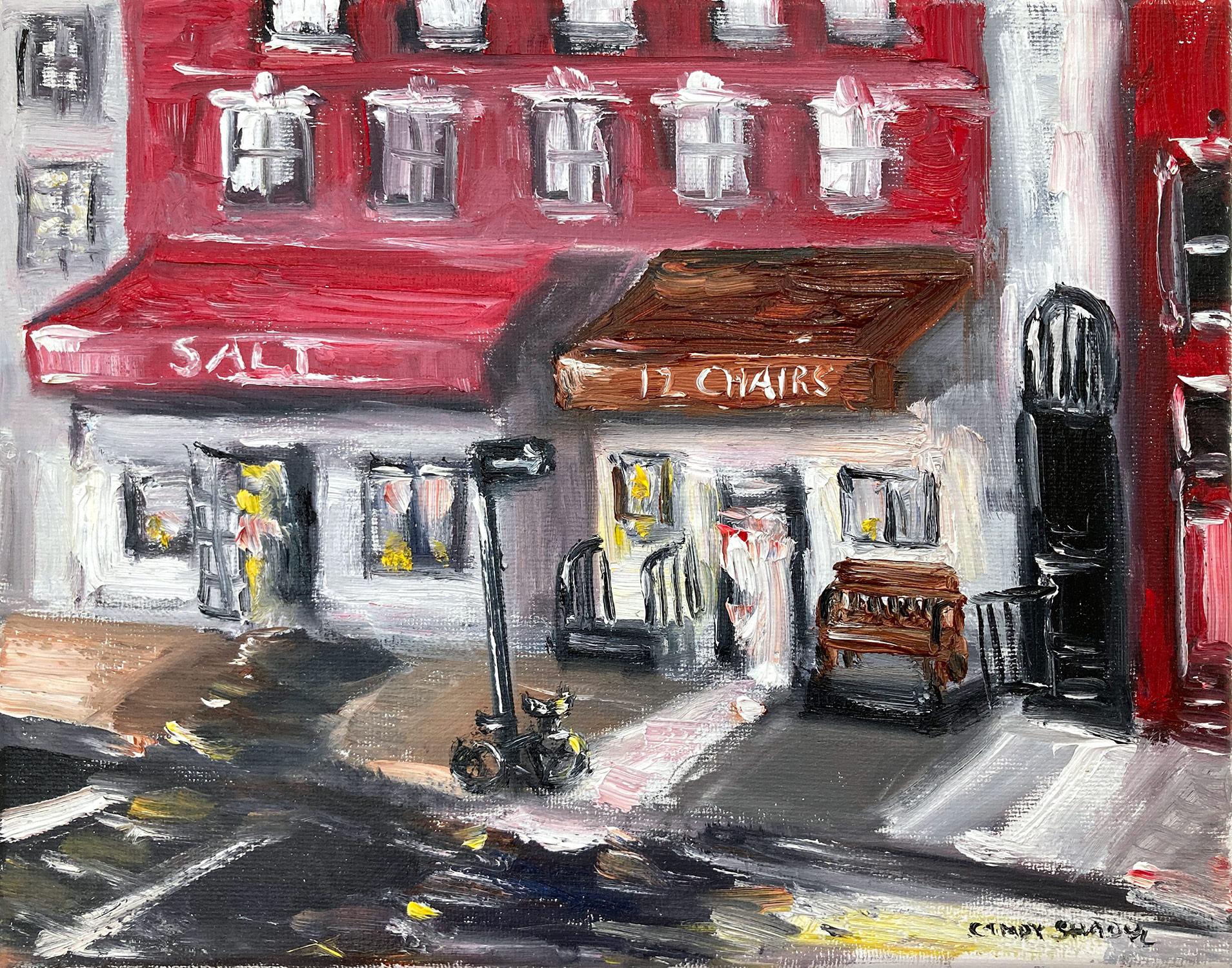 Cindy Shaoul Figurative Painting – „Brunch at 12 Chairs“, Plein Air Restaurant, Ölgemälde in Soho, New York City