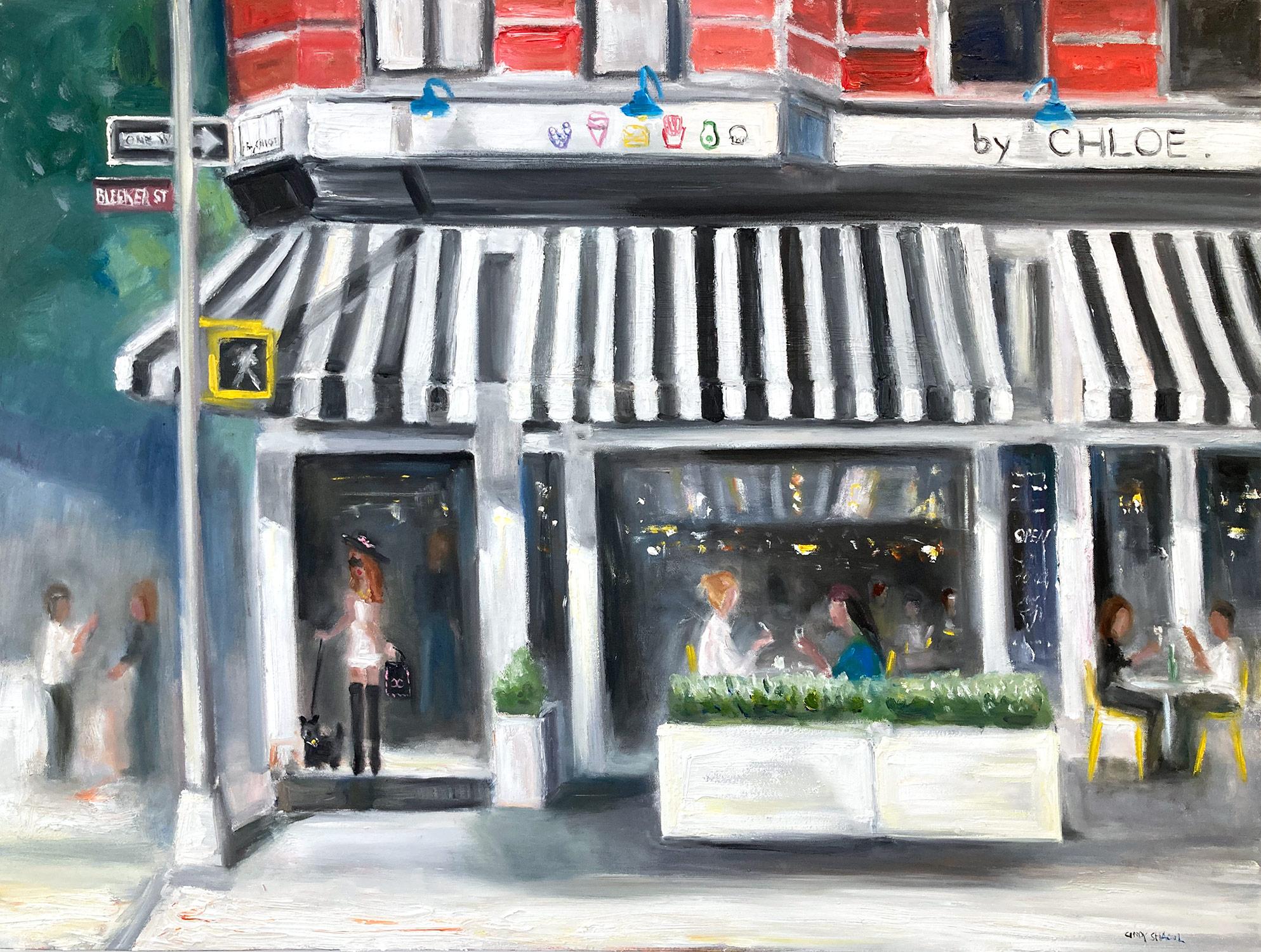 Cindy Shaoul Figurative Painting – Impressionistische Szene, Ölgemälde auf Leinwand, „Brunch By Chloe NYC Bleecker St“