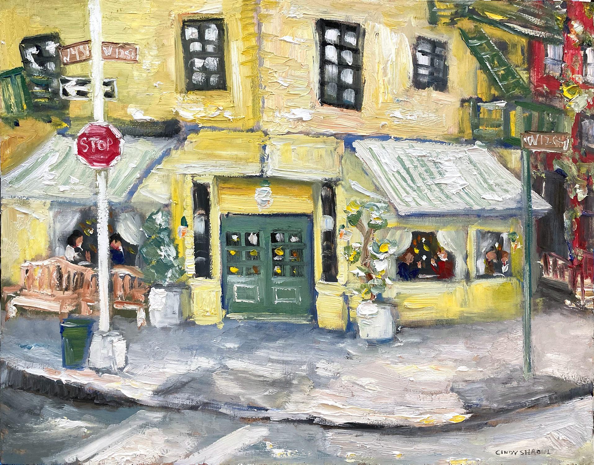 Impressionistisches Ölgemälde des West Village Restaurant „Brunch at Cafe Cluny“ – Painting von Cindy Shaoul